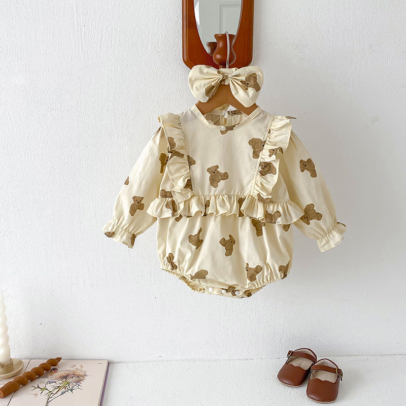 Autumn Girls Teddy Bear Pattern Long Sleeves Crew Neck Onesies And Dress – Sister Matching Clothing Set